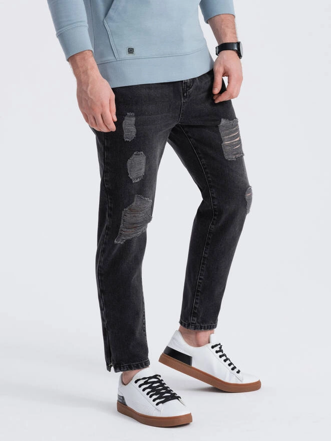 Pantaloni de bărbați din denim cu găuri - negru V2 P1028