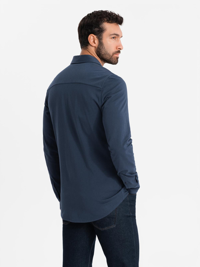 Pánska košeľa REGULAR z bavlneného jednolícneho úpletu - tmavomodrá V2 OM-SHCS-0138