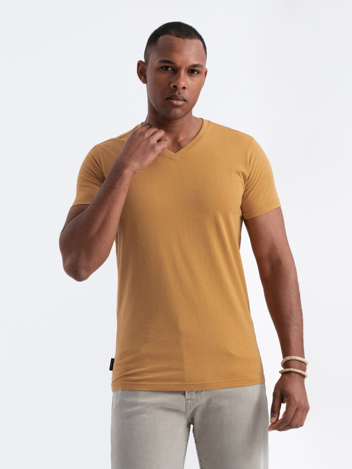 Tricou clasic din bumbac pentru bărbați BASIC, cu decolteu tip echipaj - muștar melange V19 OM-TSBS-0145