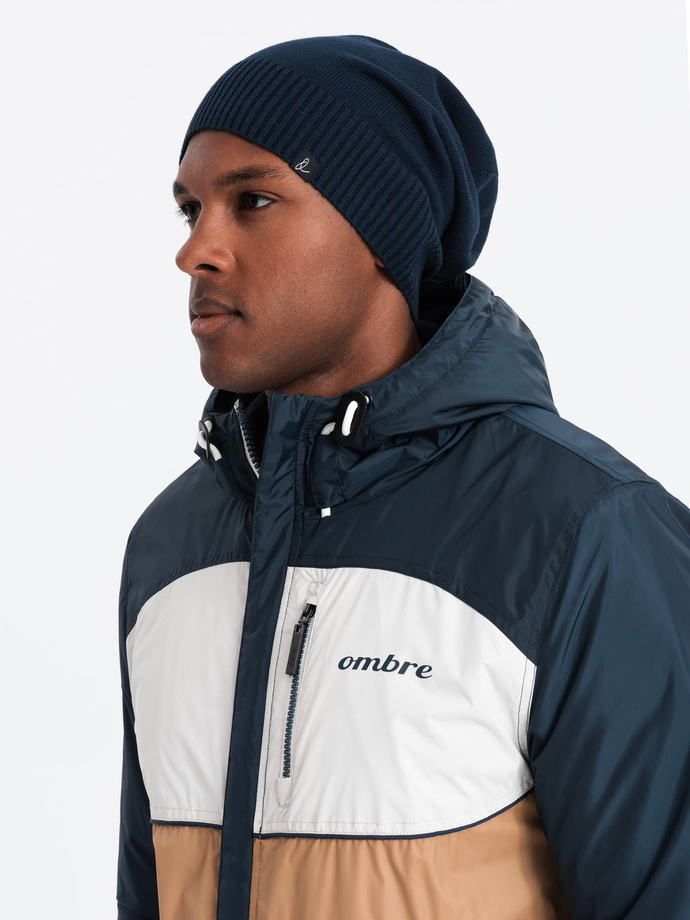 Men's cotton knit winter beanie hat - navy blue V4 OM-ACWH-0124