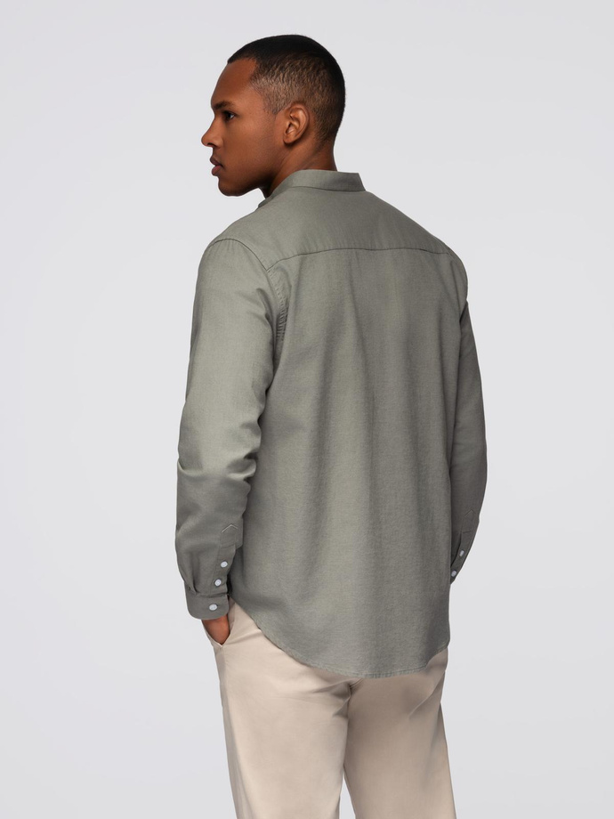 Pánska ľanová košeľa so stojačikom a vreckom REGULAR FIT - khaki V6 OM-SHCS-0161