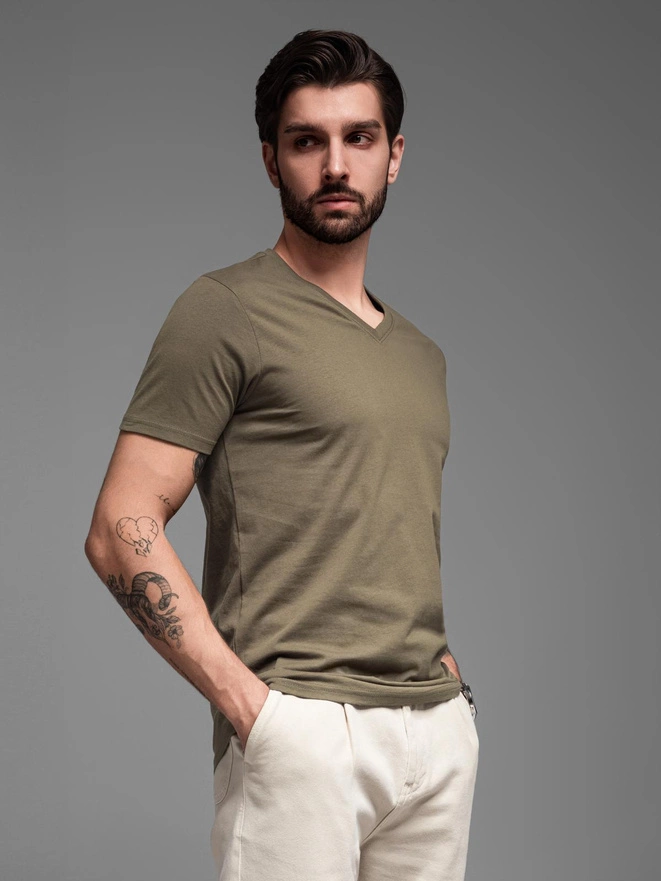 Tricou clasic din bumbac pentru bărbați BASIC cu guler în V - măslin închis V6 OM-TSBS-0145