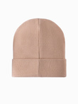 Men's knitted beanie cap with embroidered inscription - sand V6 OM-ACWH-0120