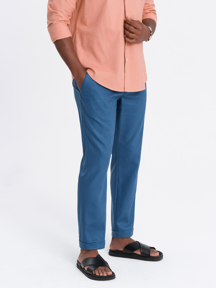 Pantaloni bărbătești chino roll-up în amestec de in - denim albastru V5 OM-PACP-0198