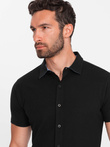 Men's knitted slim fit shirt with short sleeves and collar - black V4 OM-SHSS-0100
