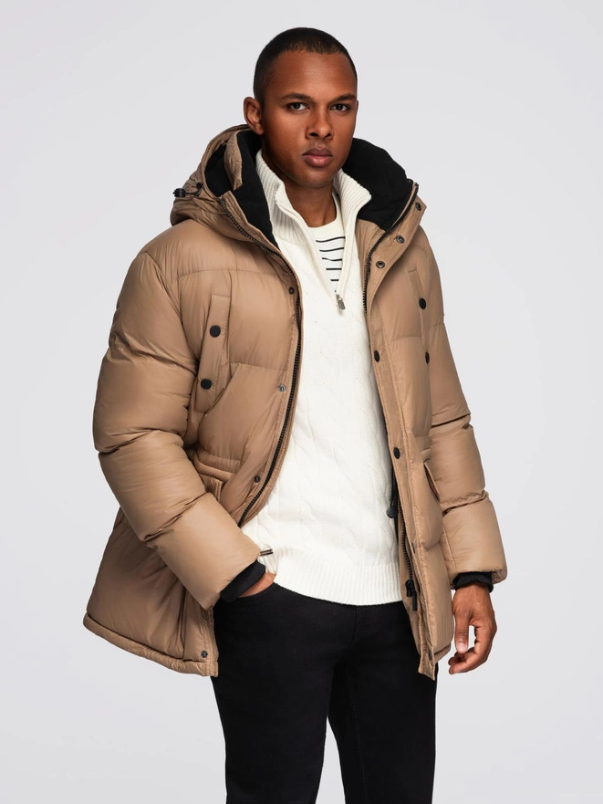 Men's long puffer jacket with snap pockets - brown V2 OM-JALJ-0186