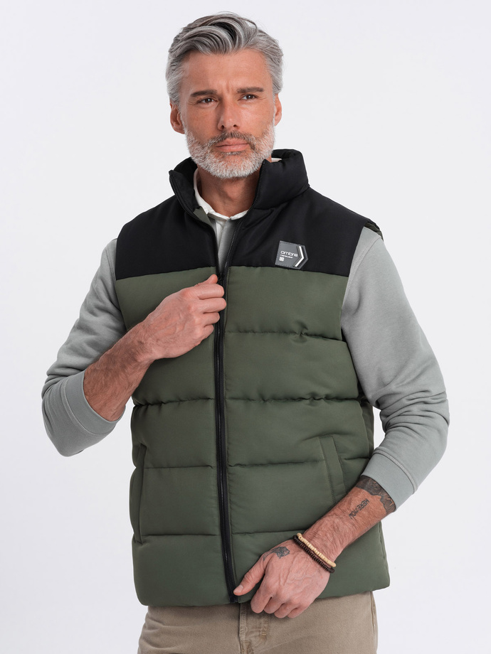 Men's quilted sleeveless jacket in contrasting colors - olive V4 OM-JAVJ-0161