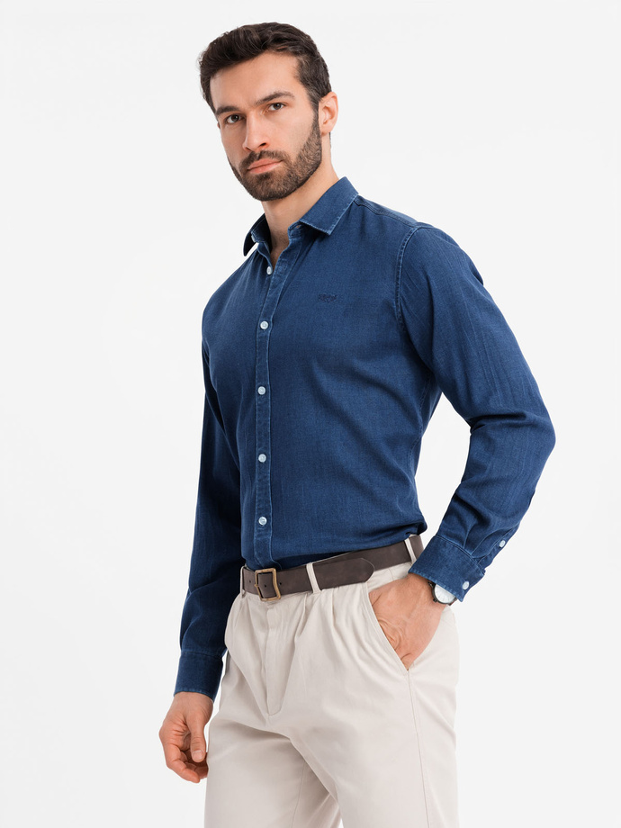 Cămașă bărbătească din bumbac cu model SLIM FIT - albastru marin V6 OM-SHCS-0151