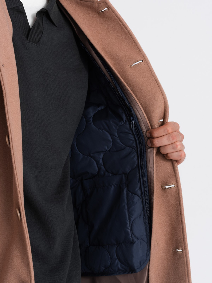 Palton lung bărbătesc cu guler și strat inferior - maro V2 OM-COWC-0106