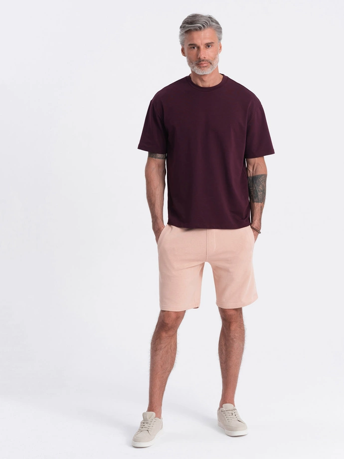 Men's knit shorts with drawstring and pockets - powder pink V11 OM-SRBS-0139