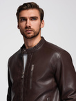 Men's imitation leather jacket with ribbed hem - dark brown V1 OM-JAFL-0109