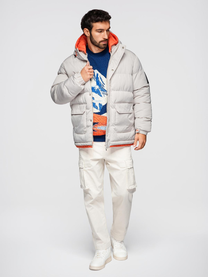 Men's sports warm jacket with double hood - ash V1 OM-JAHP-0208