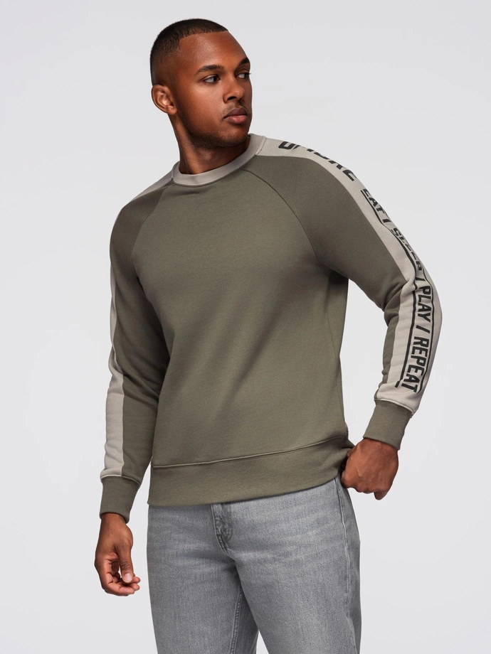 Men's sweatshirt with contrasting stripes and raglan sleeves - olive V1 OM-SSNZ-0200