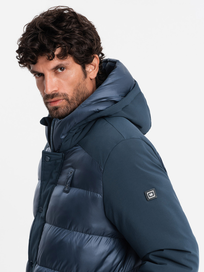 Men's quilted long jacket with large pockets - navy blue V4 OM-JALJ-0165