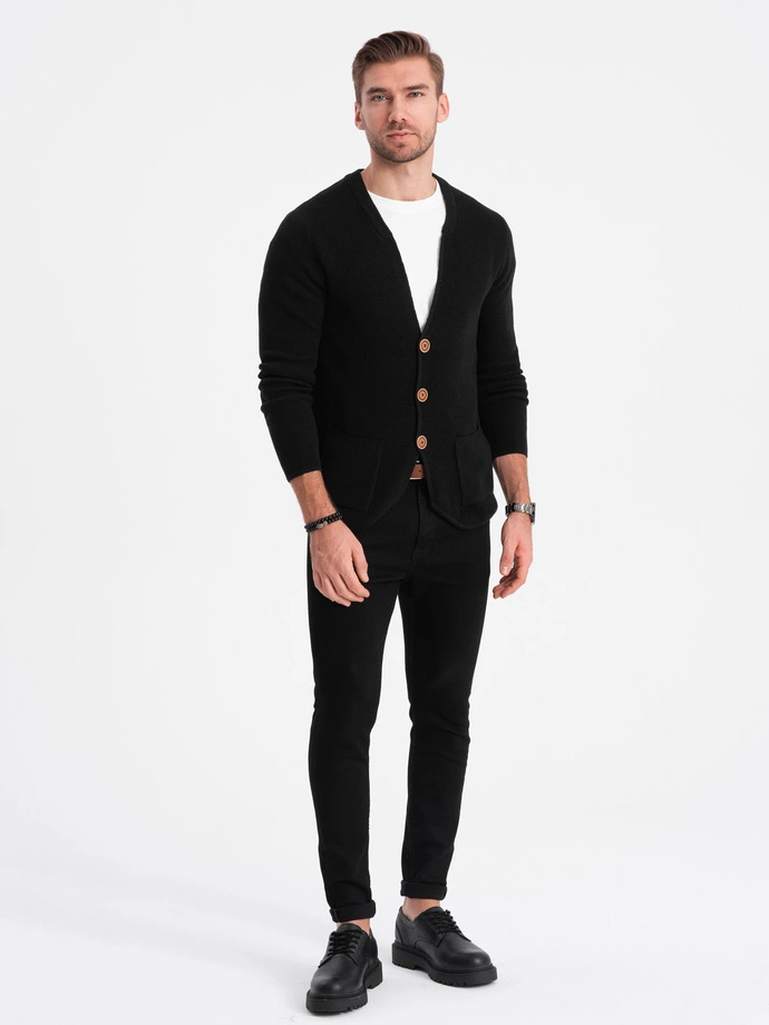 Pulover bărbătesc cu cardigan structurat cu buzunare - negru V1 OM-SWCD-0109