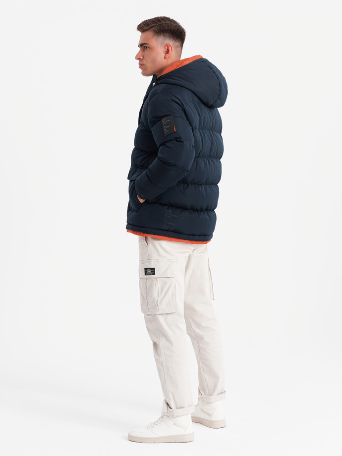 Warm men's sports jacket with double hood - navy blue V2 OM-JAHP-0208