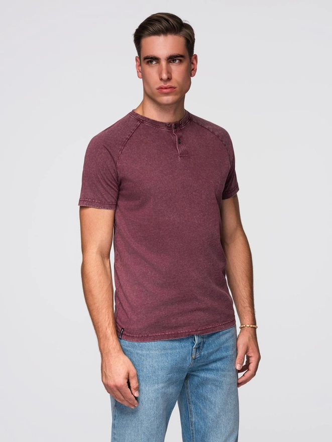 Tricou pentru bărbați cu efect de spălare și nasturi la decolteu - burgundy V3 OM-TSWT-0150