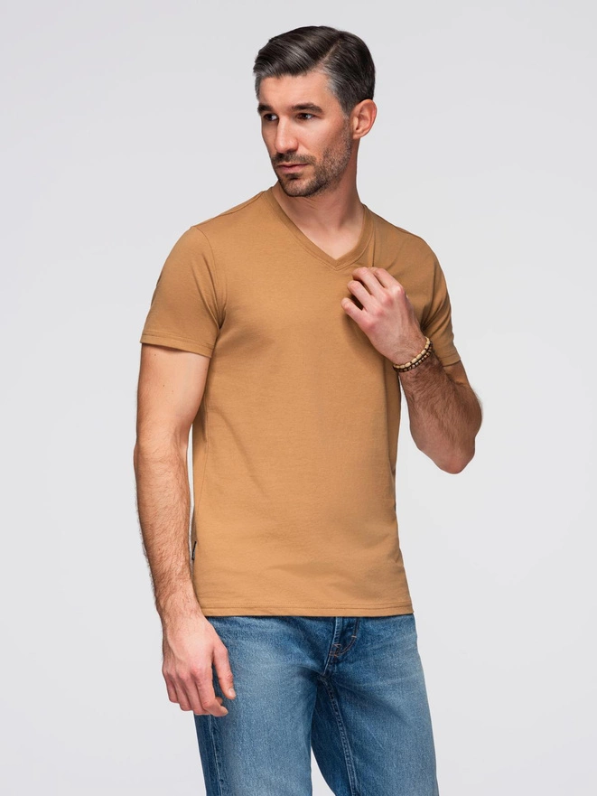 Bumbac clasic pentru bărbați BASIC tricou cu guler în V - maro V10 OM-TSBS-0145