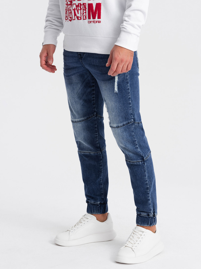 Vyriškos marmurinės JOGGER kelnės su trynimu - mėlynos V4 OM-PADJ-0153