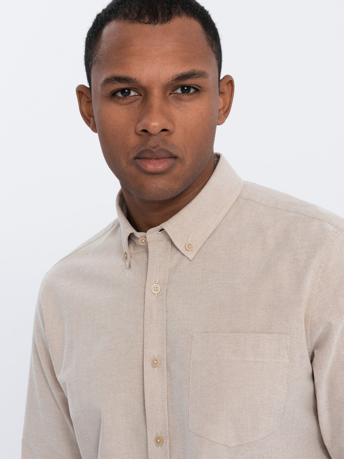 Men's REGULAR FIT cotton shirt with pocket - beige V1 OM-SHOS-0153
