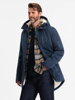 Jachetă lungă sherpa parka pentru bărbați – albastru marin V2 OM-JALJ-0181