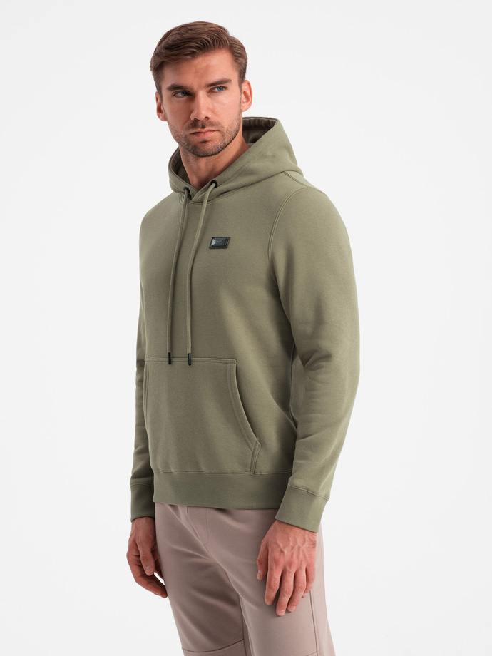 Men's kangaroo sweatshirt with hood and metal pin - olive V2 OM-SSNZ-0141
