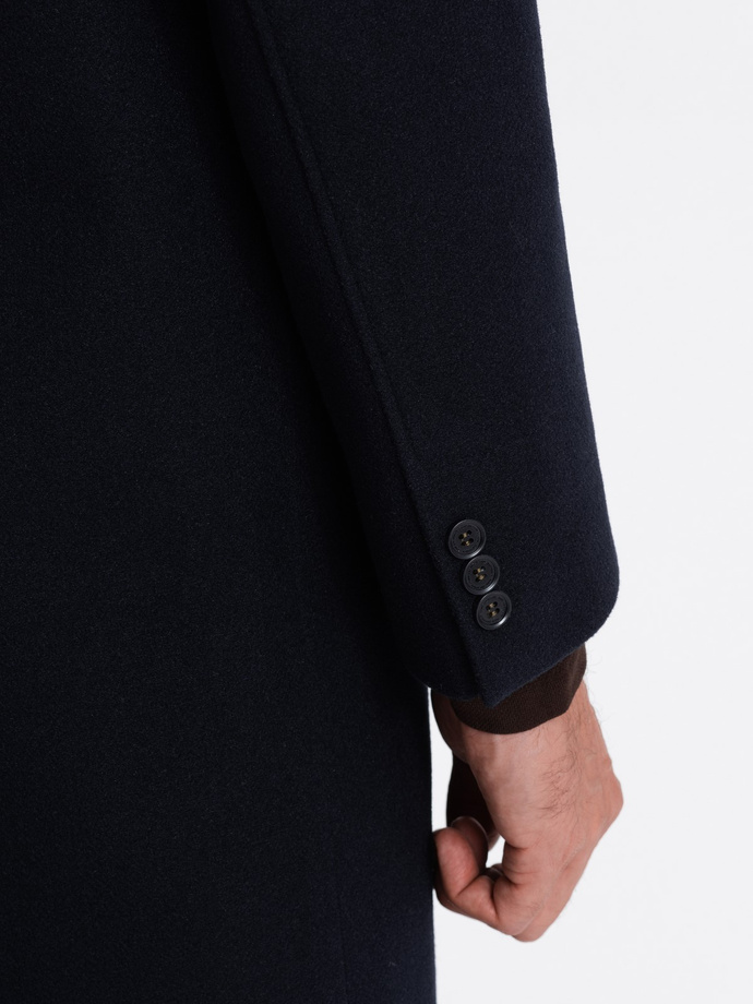 Pánsky dlhý jednoradový kabát s golierom a spodným plášťom - tmavomodrý V3 OM-COWC-0106