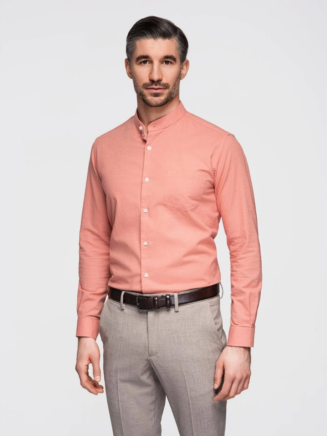 Men's linen shirt with collar and pocket REGULAR FIT - peach V1 OM-SHCS-0161