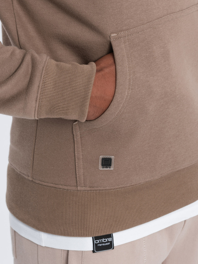 Men's non-stretch hooded sweatshirt - light brown V8 OM-SSBN-0120