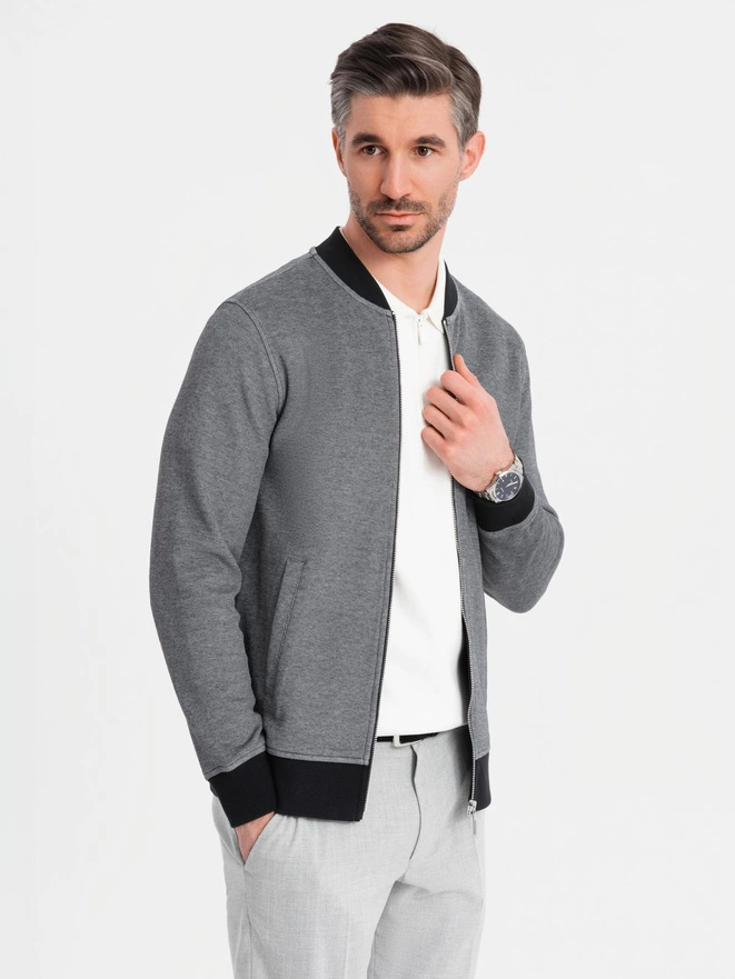 Vyriška megzta pique stiliaus striukė "bomber" - juoda V1 OM-SSZP-0238