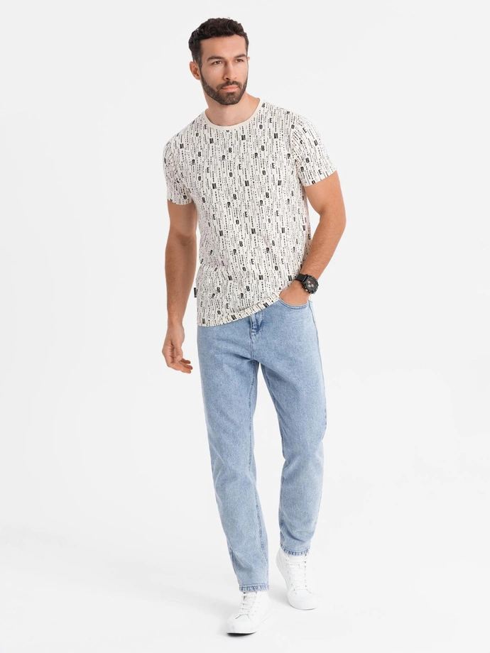 Printed cotton T-shirt with round neckline - cream V1 OM-TSFP-0225