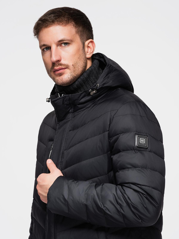 Men's long quilted jacket with natural filling - black V1 OM-JALJ-0212