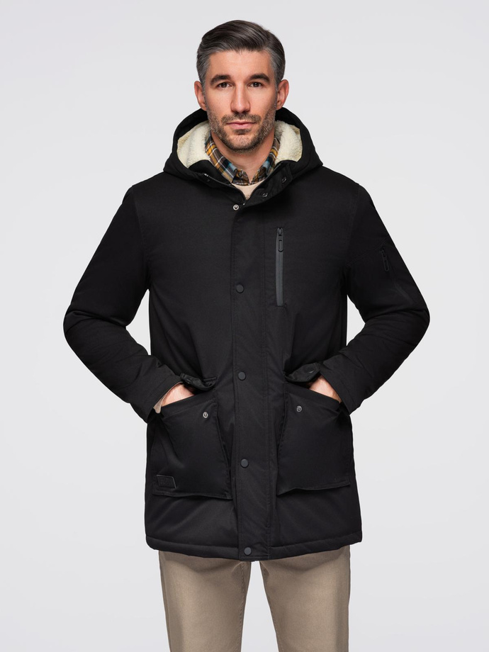 Men's long parka jacket with sheepskin - black V4 OM-JAPJ-0316