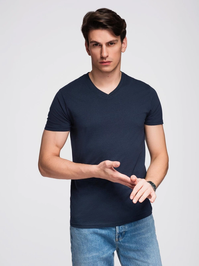 Bumbac clasic pentru bărbați BASIC tricou cu guler în V - maro V10 OM-TSBS-0145
