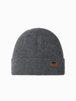 Men's knitted beanie cap with patch - grey melange V2 OM-ACWH-0123