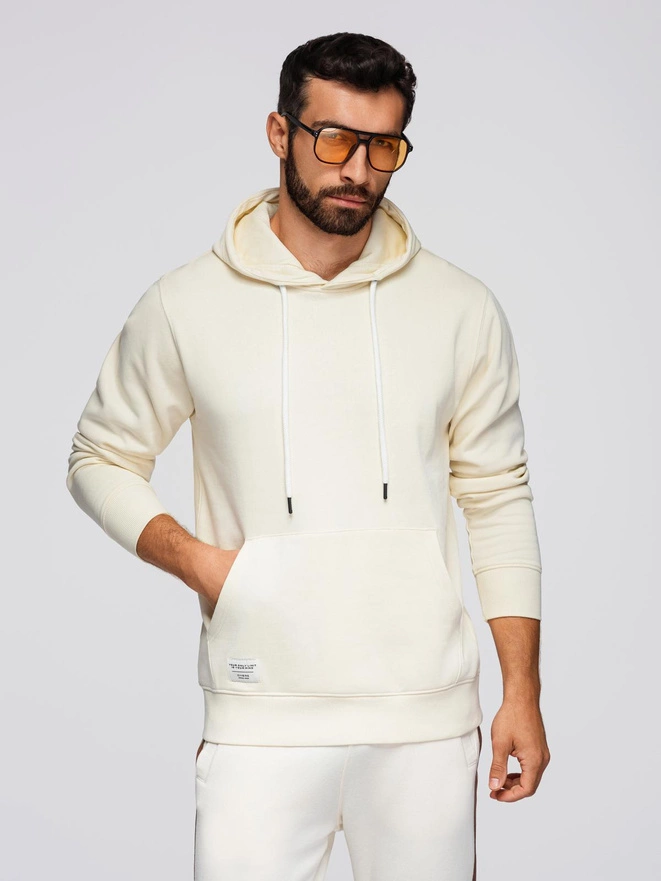 Men's kangaroo hooded sweatshirt - cream V11 OM-SSBN-0177