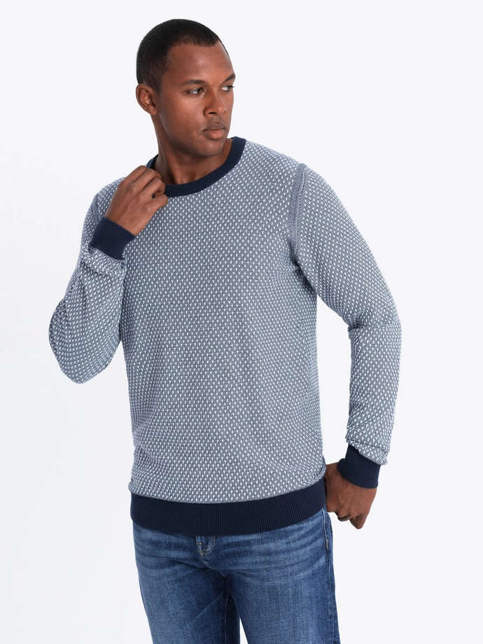 Knitted men's RELAXED FIT sweater with patterns - navy blue V1 OM-SWSW-0111
