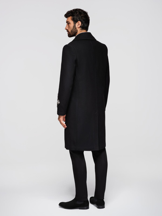 Pánsky dvojradový kabát s vlnou a korálkovými aplikáciami na rukávoch - čierny V1 OM-COWC-0148