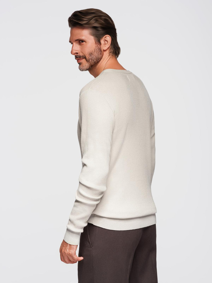 Men's ribbed sweater with buttons at the neckline - beige V3 OM-SWSW-0182