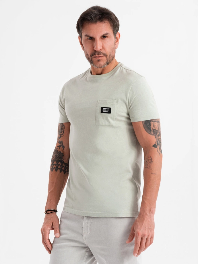 Casual men's t-shirt with pocket patch - light grey V2 OM-TSCT-0109