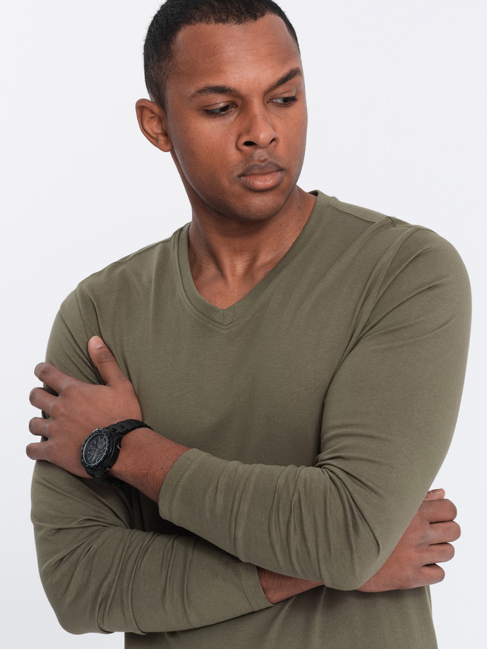 Men's unprinted longsleeve with v-neck - dark olive V2 OM-LSBL-0108