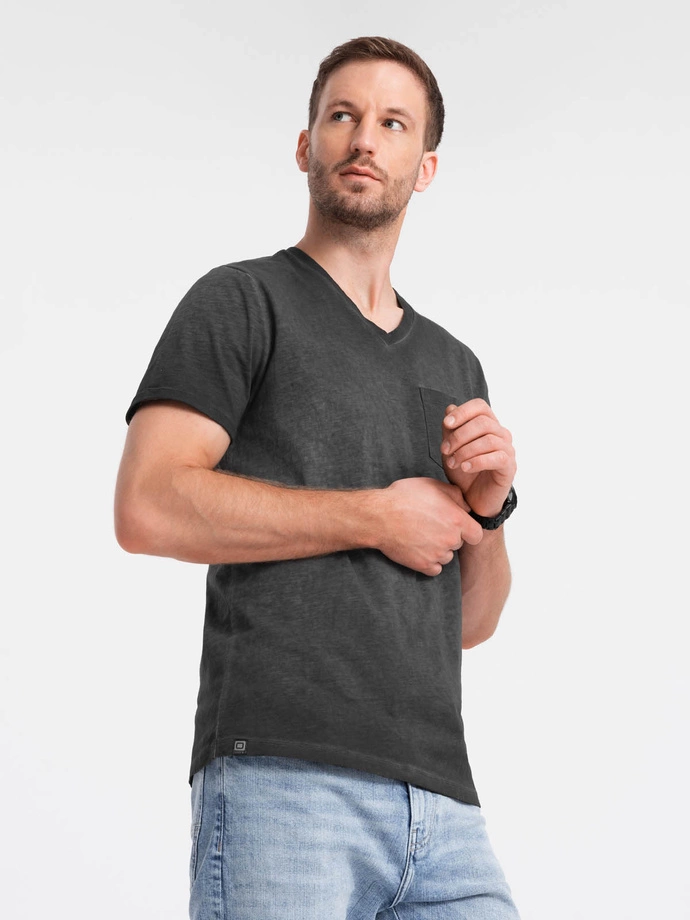 Men's brindle V-neck t-shirt with pocket - black V6 OM-TSCT-22SS-002