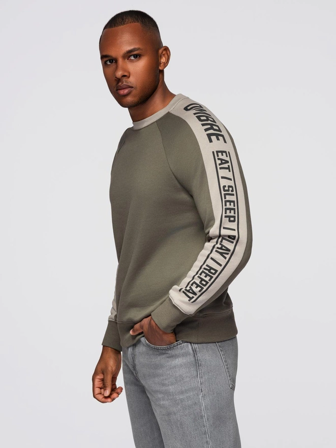 Men's sweatshirt with contrasting stripes and raglan sleeves - olive V1 OM-SSNZ-0200