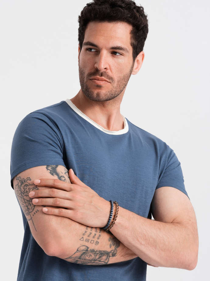 Vyriški marškinėliai su neapdorota apdaila - tamsiai mėlyni V3 OM-TSCT-22SS-004