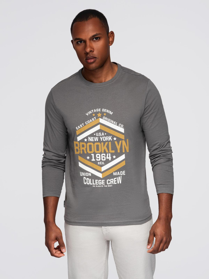 Vyriški kolegialaus stiliaus marškinėliai su spauda ir ilgomis rankovėmis - pilki V1 OM-LSPT-0117
