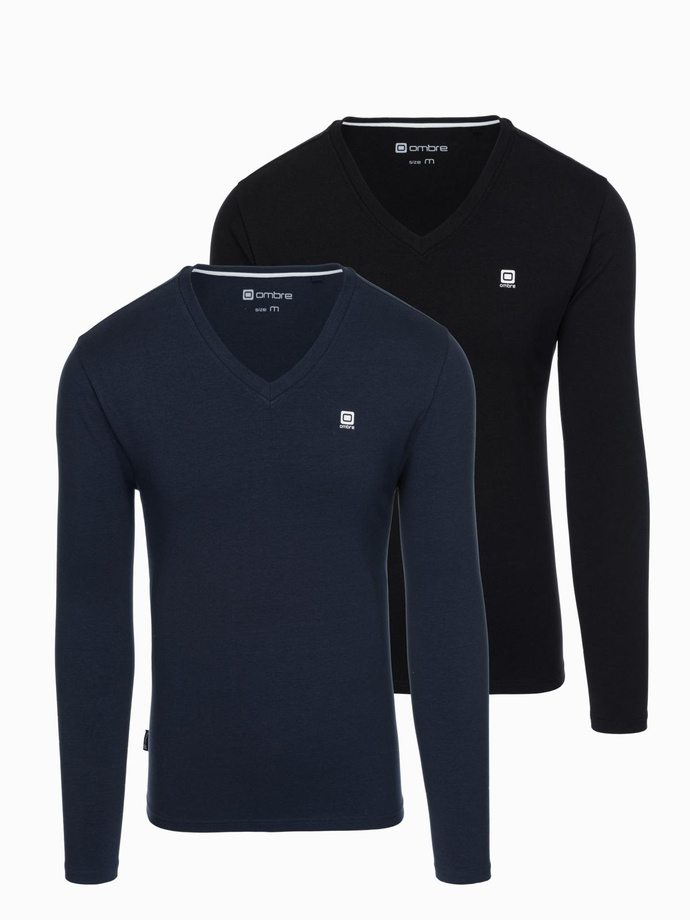 Set of men's SLIM FIT longsleeves with V neckline and logo 2-pack - navy blue/black mix V3 Z103