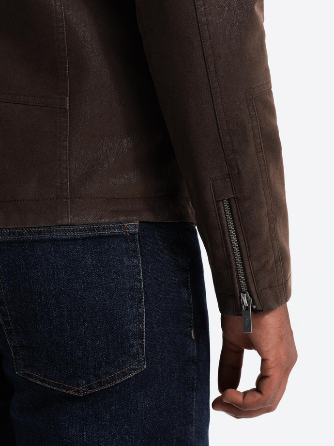 Men's retro biker jacket with stand-up collar - brown V1 OM-JAFL-0197