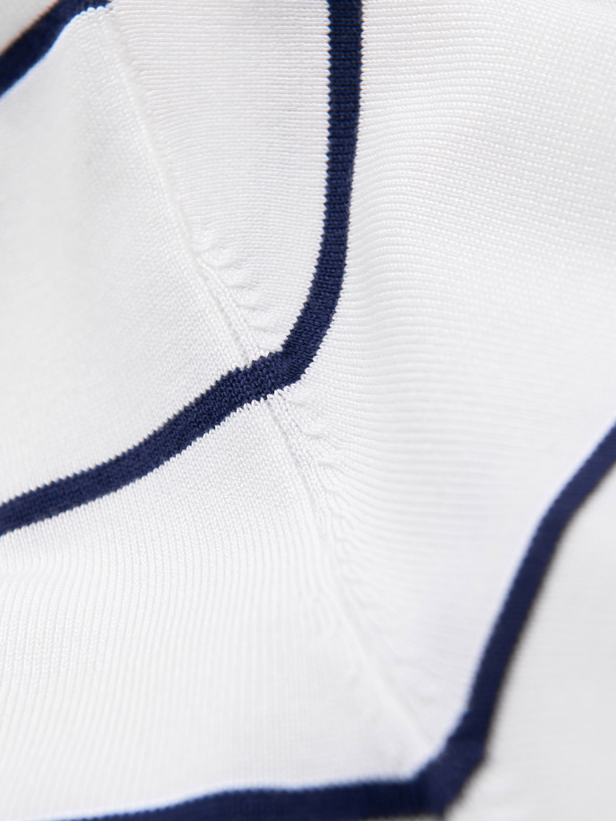 Men's horizontal striped polo longsleeve with viscose - white and navy blue V2 OM-POLS-0146