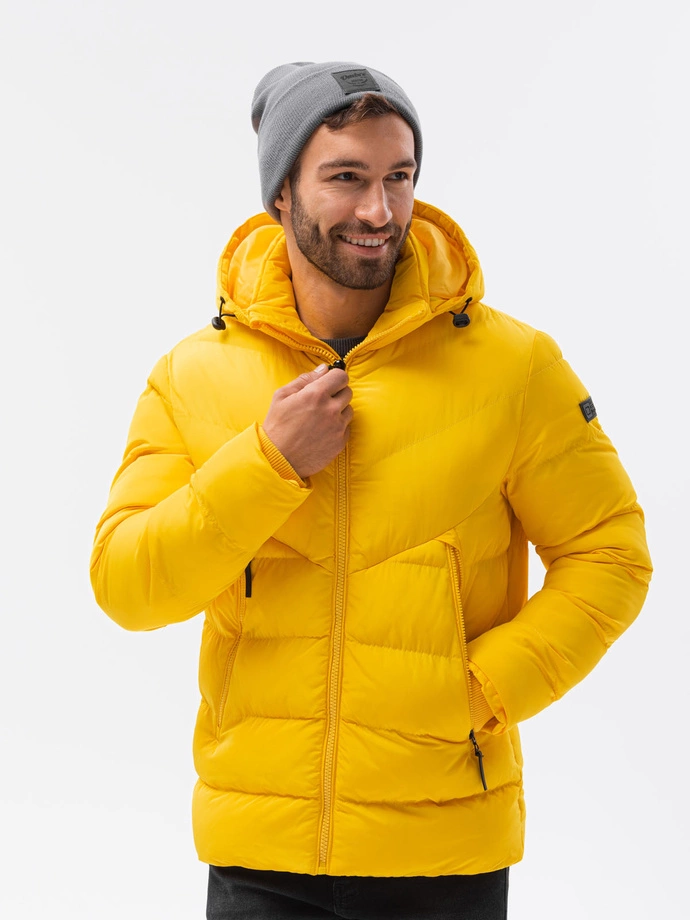 Men's winter jacket with unusual quilting - yellow V1 OM-JAHP-0127