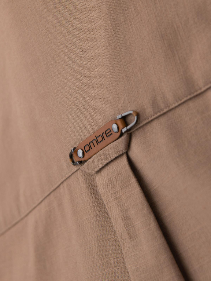 Men's linen shirt with classic collar and pockets REGULAR FIT - light brown V7 OM-SHCS-0134
